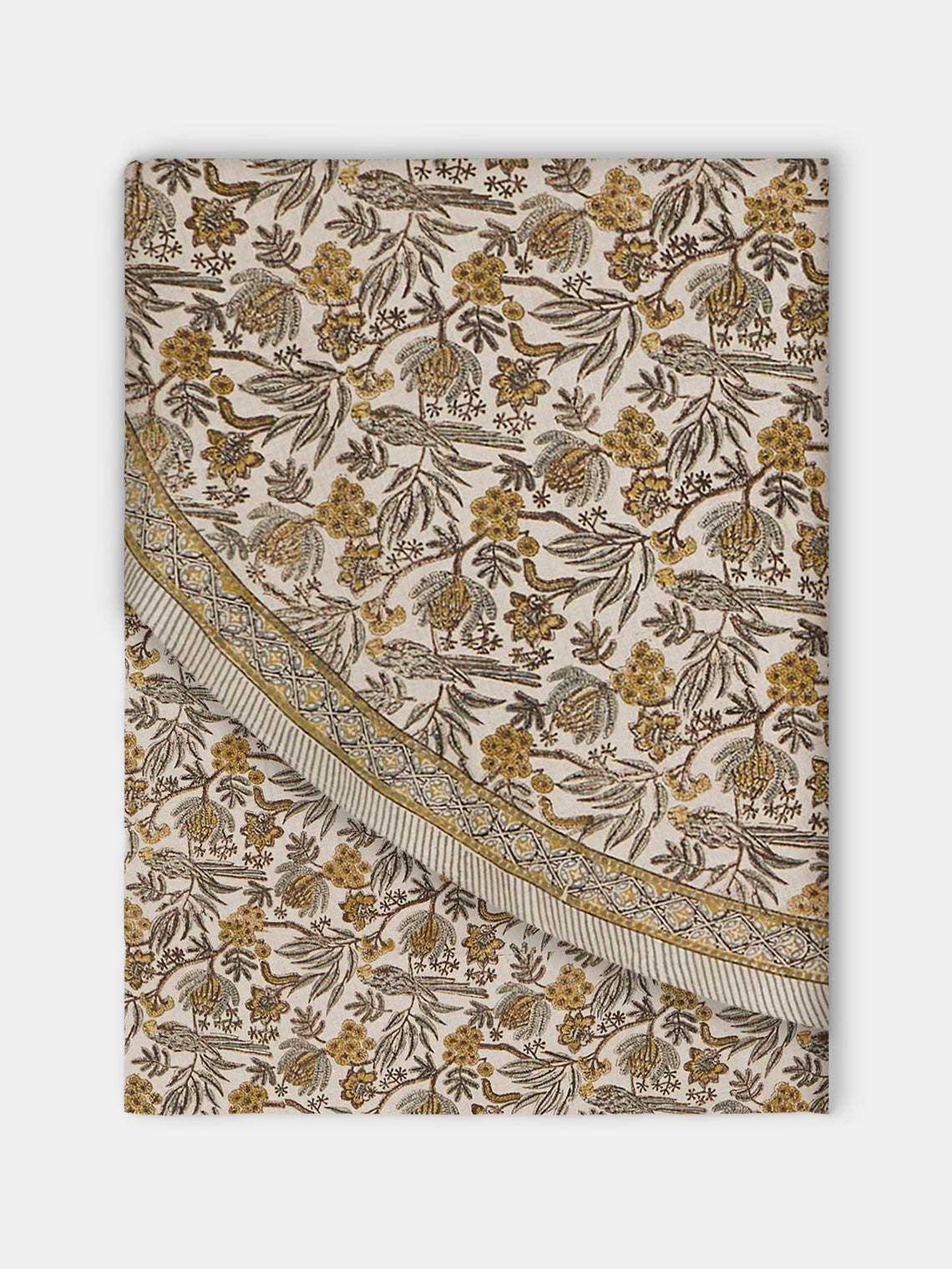 Chamois - Parrot Block-Printed Linen Round Tablecloth (86.5in/2.2m) - Natural - ABASK