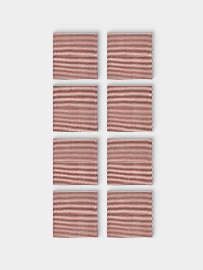 Chamois - | Set of 8 | Stripe Block-Printed Cotton Napkins - Red - ABASK - 