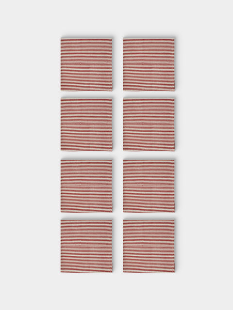 Chamois - | Set of 8 | Stripe Block-Printed Cotton Napkins - Red - ABASK - 