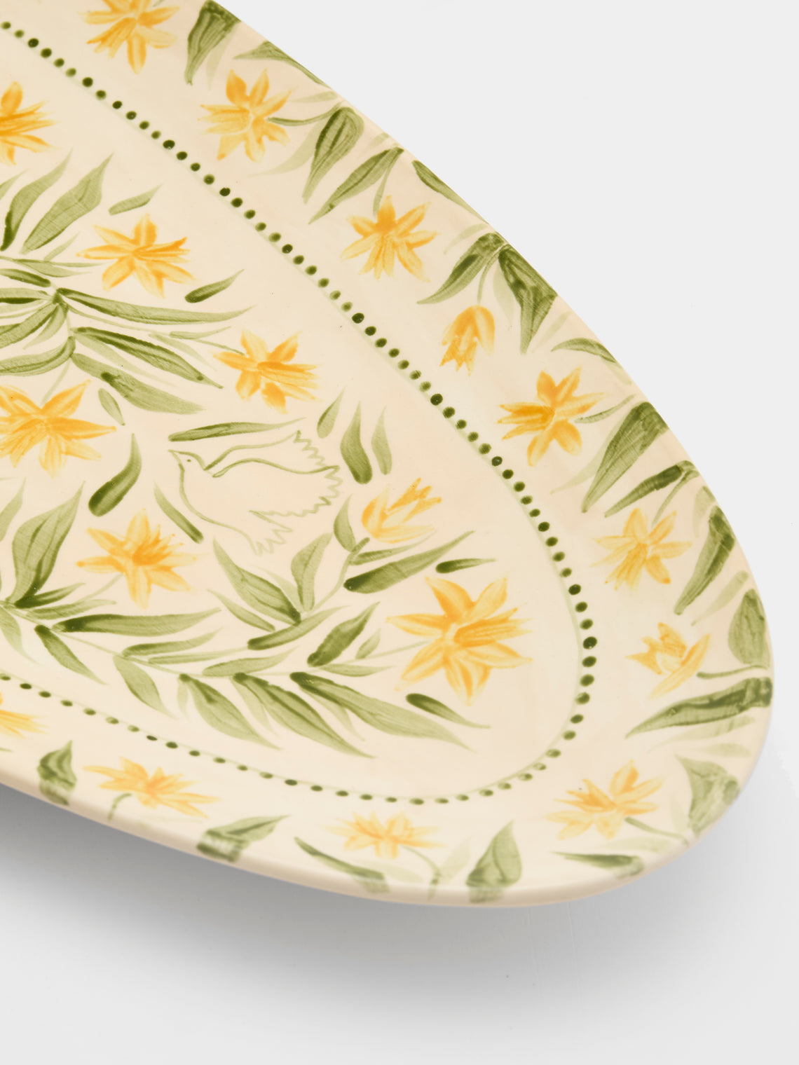 Rosanna Corfe - Doves and Daffodils Hand-Painted Ceramic Large Oval Platter - Cream - ABASK