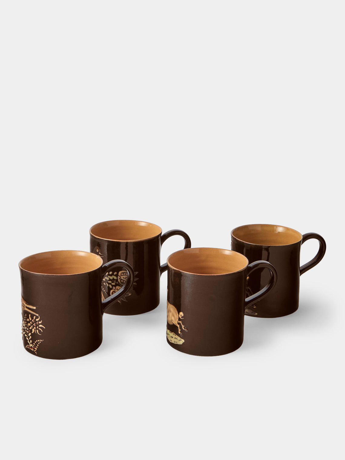 Poterie d’Évires - Animals Hand-Painted Ceramic Mugs (Set of 4) - Dark Brown - ABASK