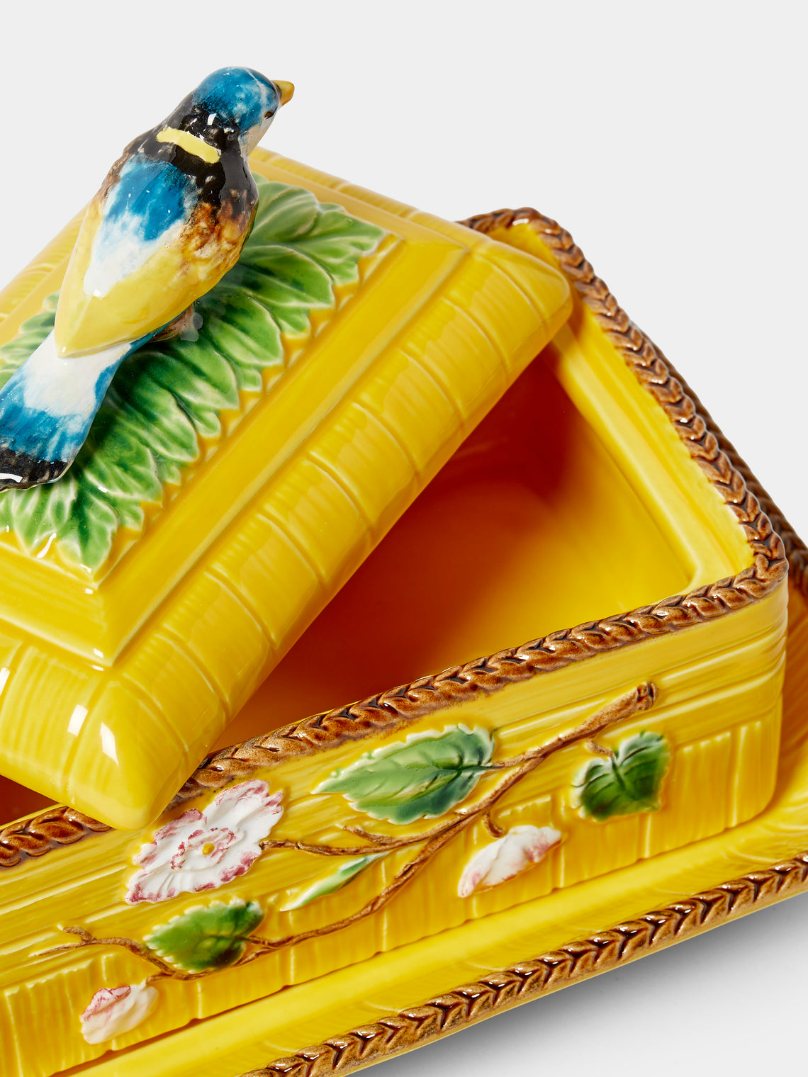 Verdolini - Bird and Flowers Hand-Painted Majolica Ceramic Box with Stand - Yellow - ABASK