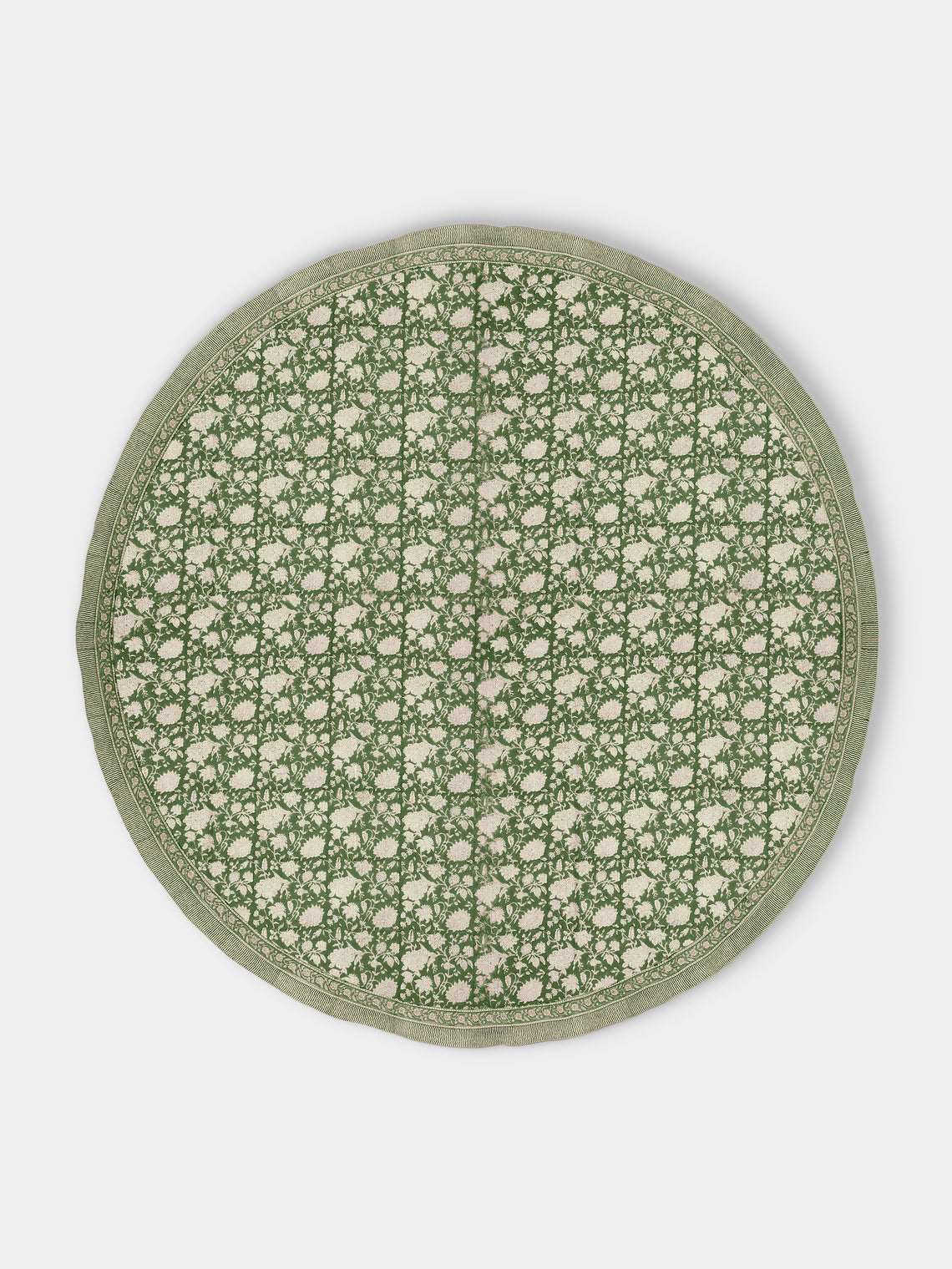 Chamois - Parrot Block-Printed Linen Round  Tablecloth (86.5in/2.2m) - Green - ABASK - 
