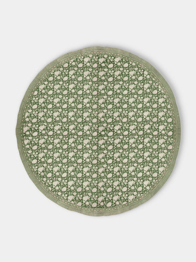 Chamois - Parrot Block-Printed Linen Round  Tablecloth (86.5in/2.2m) - Green - ABASK - 