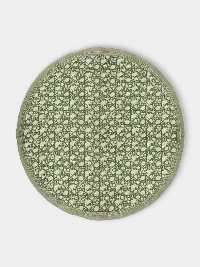 Chamois - Parrot Block-Printed Linen Round  Tablecloth (86.5in/2.2m) - Green - ABASK - 