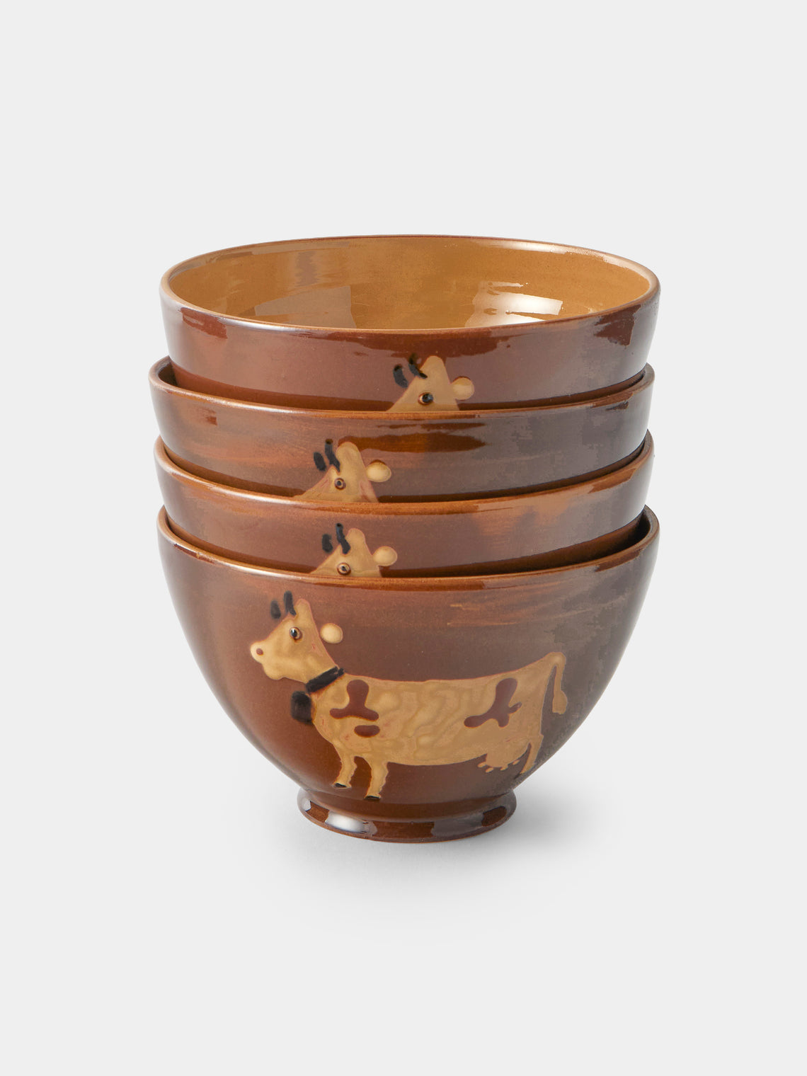 Poterie d’Évires - Cows Hand-Painted Ceramic Grand Bowls (Set of 4) - Light Brown - ABASK - 