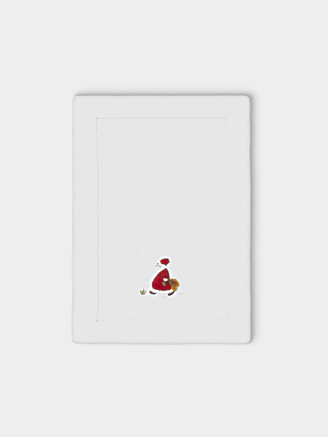 ERI Textiles - | Set of 6 | Santa Claus Hand-Embroidered Linen Cocktail Napkins - White - ABASK