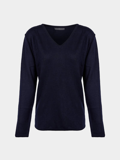 Denis Colomb - Fuzzy Brushed Cashmere V-Neck Sweater | Size: S - Navy - ABASK - 