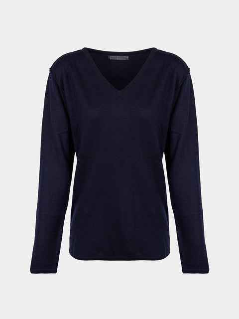Denis Colomb - Fuzzy Brushed Cashmere V-Neck Sweater | Size: S - Navy - ABASK - 