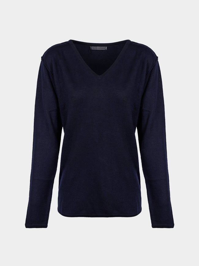 Denis Colomb - Fuzzy Brushed Cashmere V-Neck Sweater | Size: S - Navy - ABASK - 
