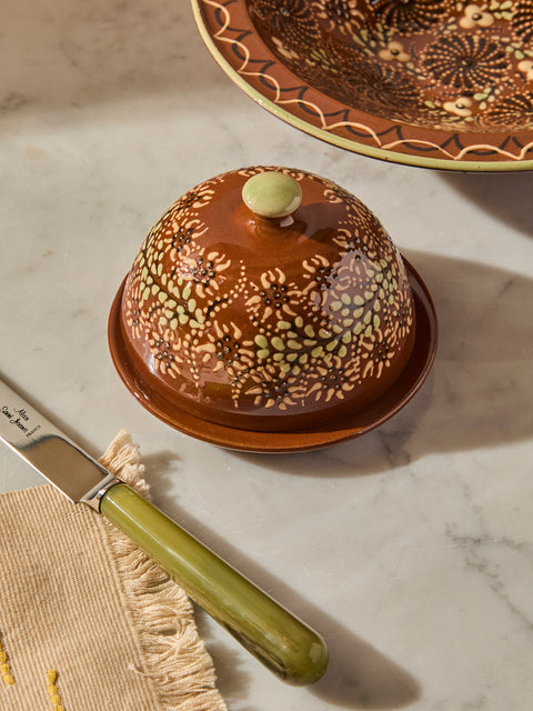 Poterie d’Évires - Flowers Hand-Painted Ceramic Small Lidded Butter Dish - Light brown - ABASK