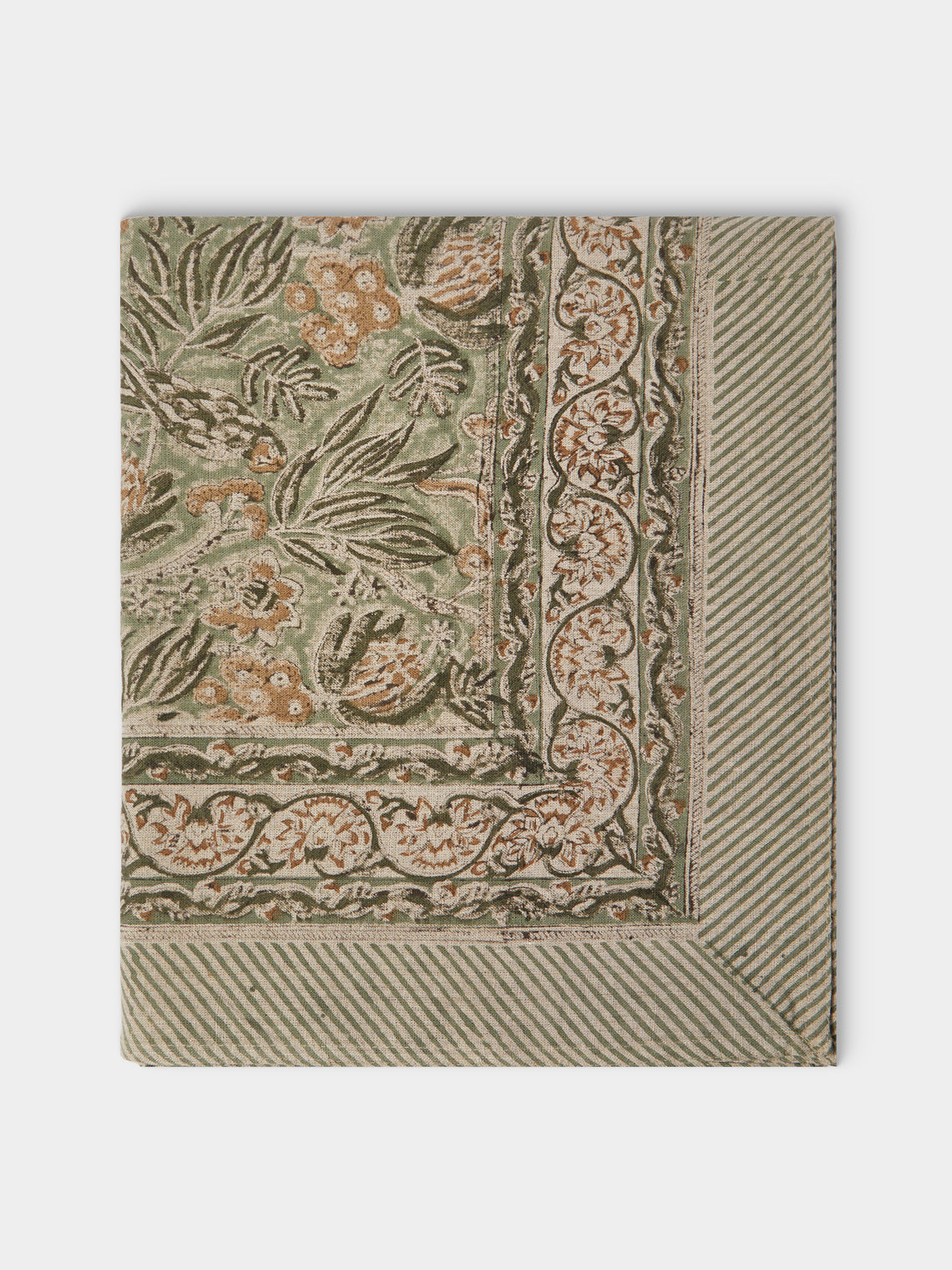 Chamois - Parrot Block-Printed Linen Rectangular Tablecloth (138in/3.5m) - Multiple - ABASK - 