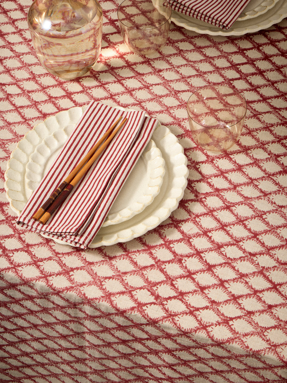 Chamois - Cypress Block-Printed Linen Rectangular Tablecloth (106.5in/2.7m) - Multiple - ABASK