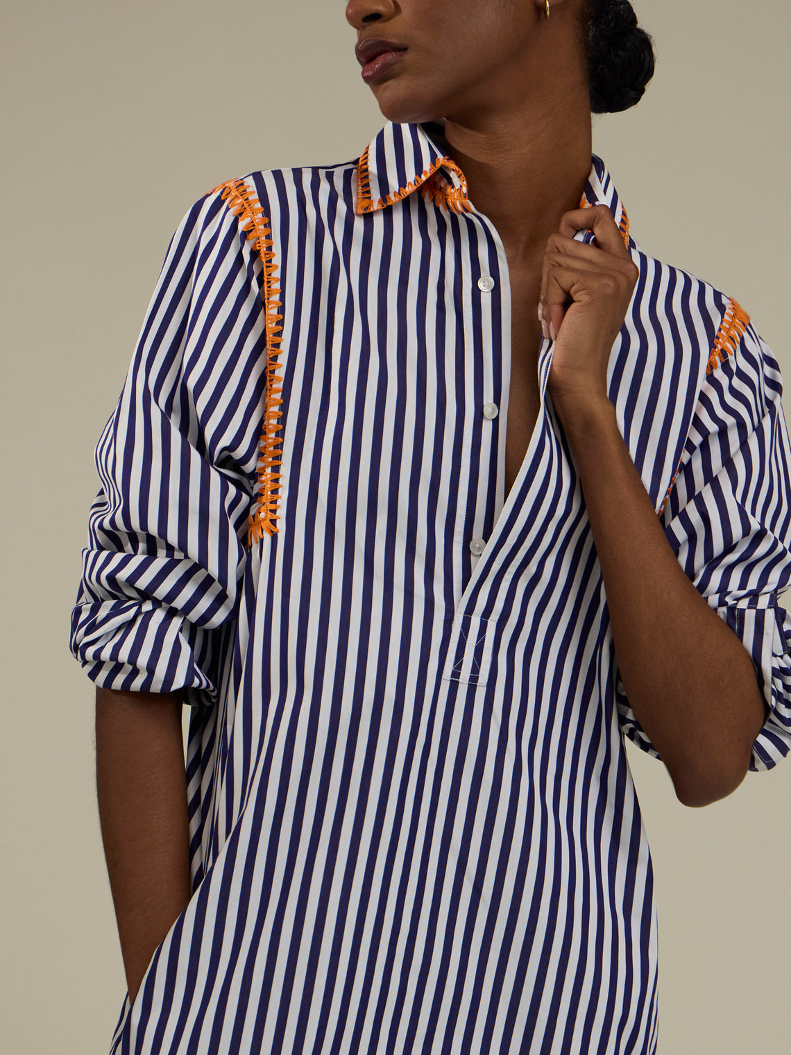 Sebline - Marocaine Hand-Embroidered Cotton Chemise Robe - Blue - ABASK