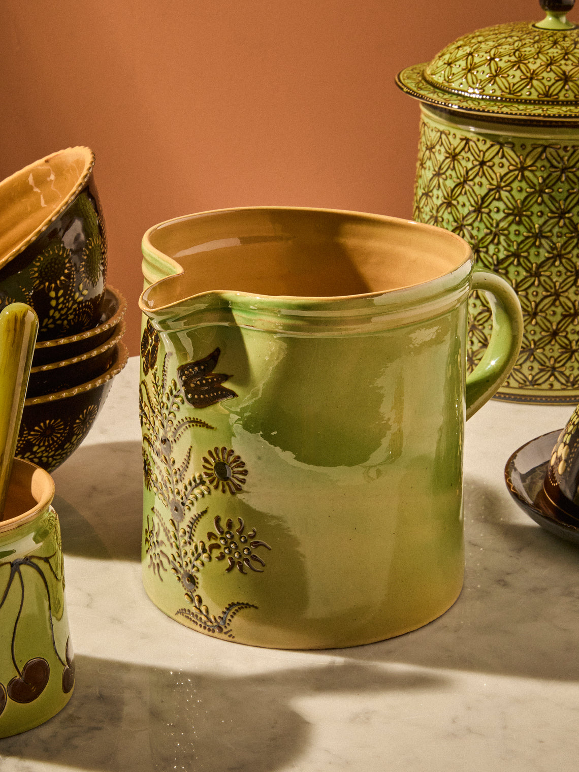 Poterie d’Évires - Flowers Hand-Painted Ceramic Straight-Edge Extra Large Jug - Green - ABASK