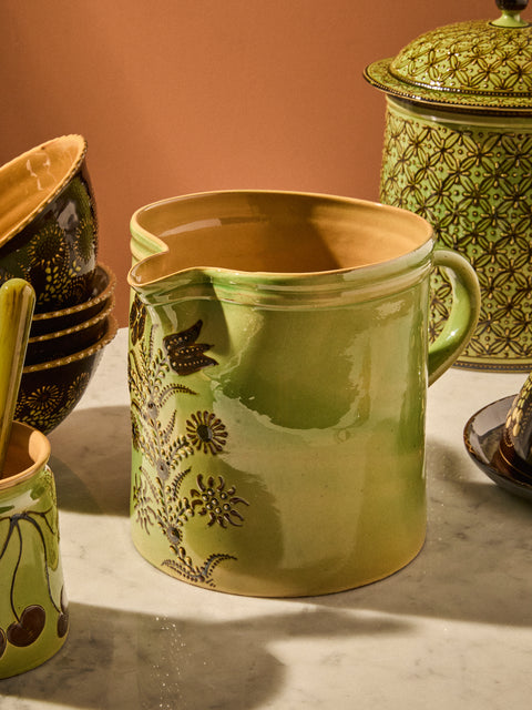 Poterie d’Évires - Flowers Hand-Painted Ceramic Straight-Edge Extra Large Jug - Green - ABASK