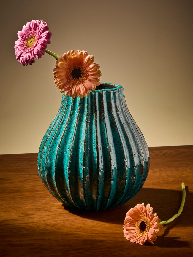 Antique and Vintage - Mid-Century French Ceramic Vase (9.5in/24.5cm) - Blue - ABASK