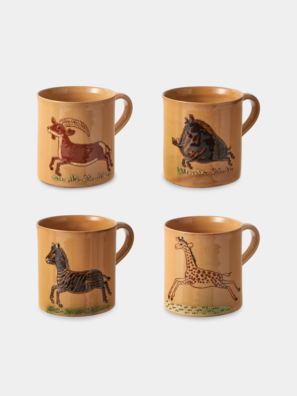 Poterie d’Évires - Animals Hand-Painted Ceramic Mugs (Set of 4) - Cream - ABASK - 