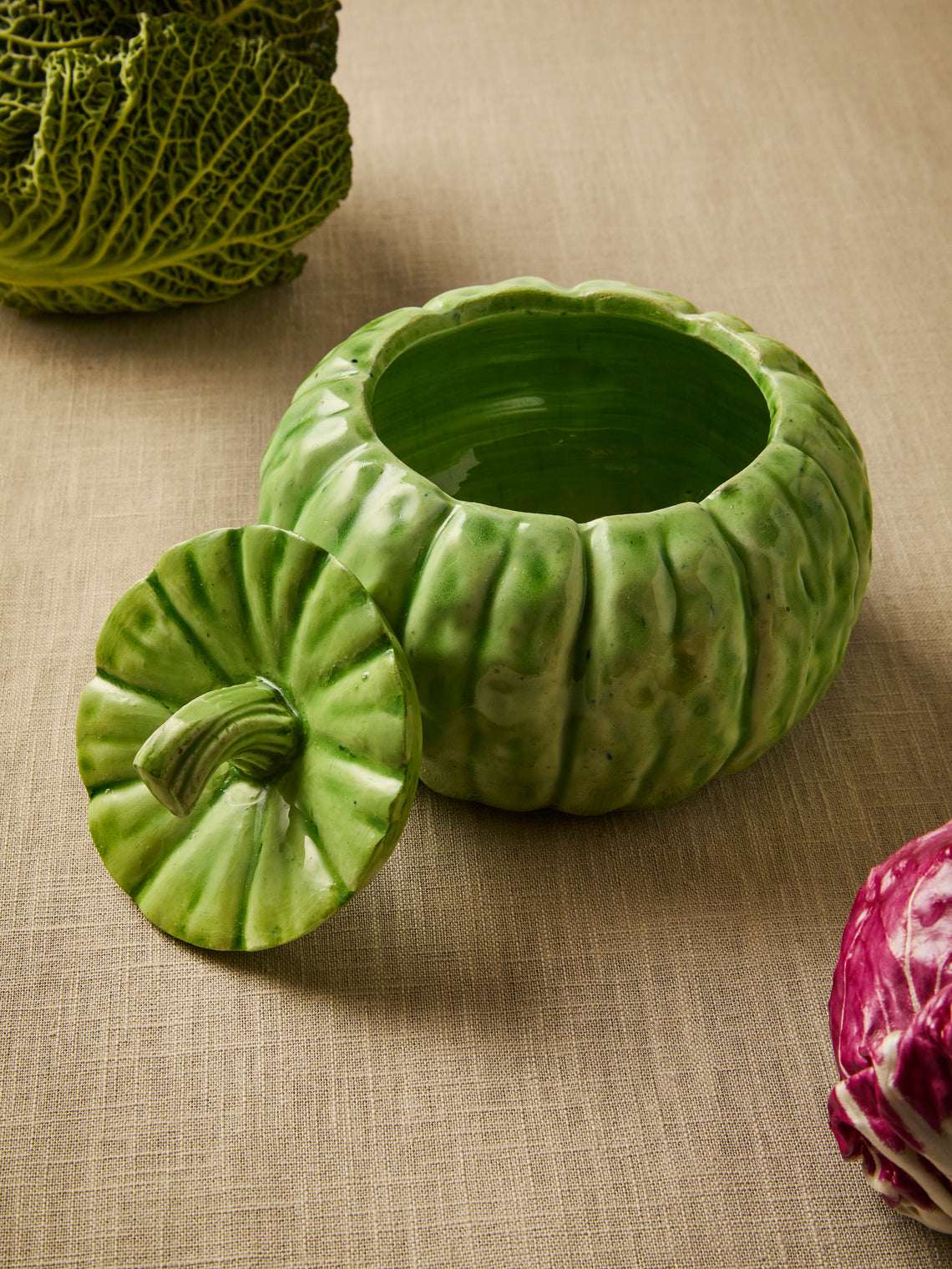Antique and Vintage - 1940s Ginori 1735 Majolica Ceramic Squash Serving Tureen - Green - ABASK