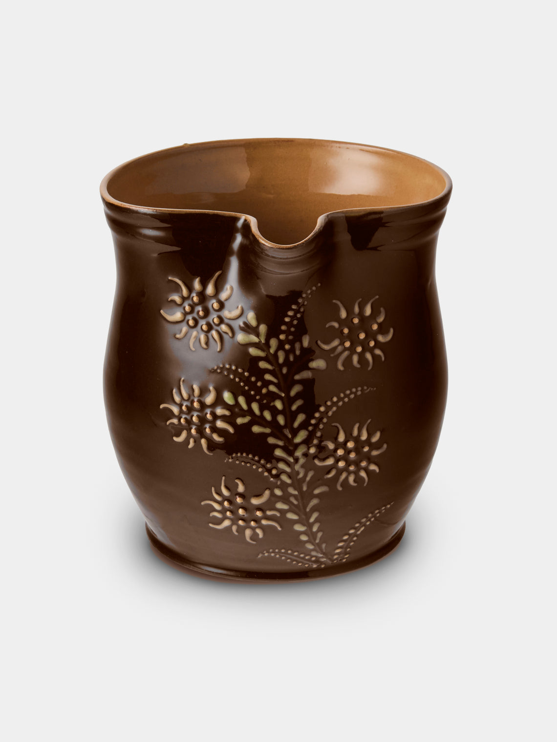 Poterie d’Évires - Flowers Hand-Painted Ceramic Medium Jug - Dark Brown - ABASK