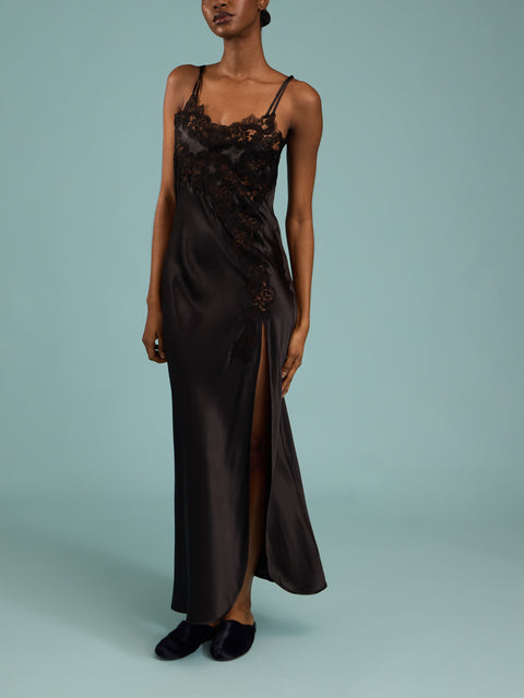 Loretta Caponi - Giadeite Silk and Lace Long Dress | Size: XS - Black - ABASK