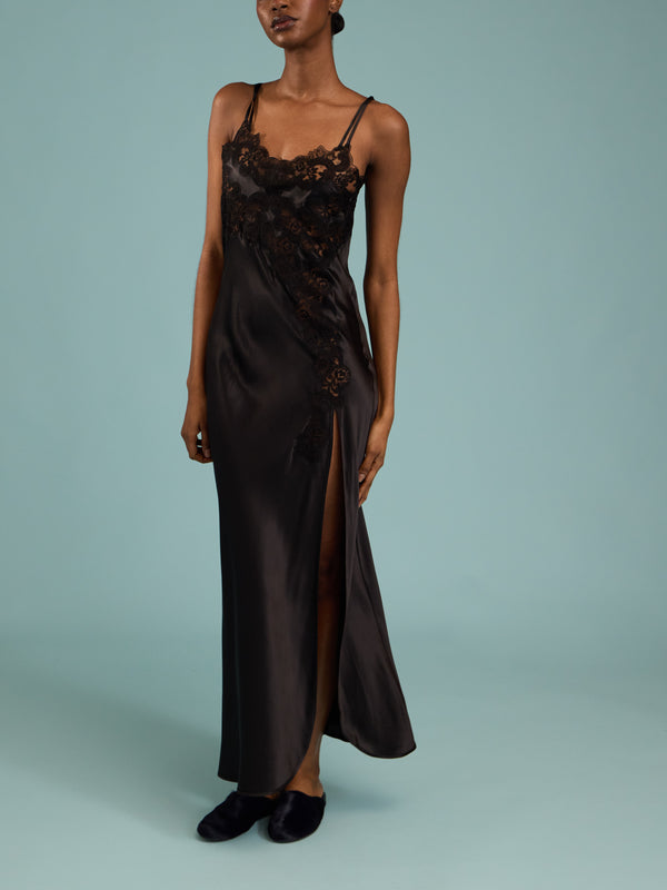Loretta Caponi - Giadeite Silk and Lace Long Dress | Size: XS - Black - ABASK