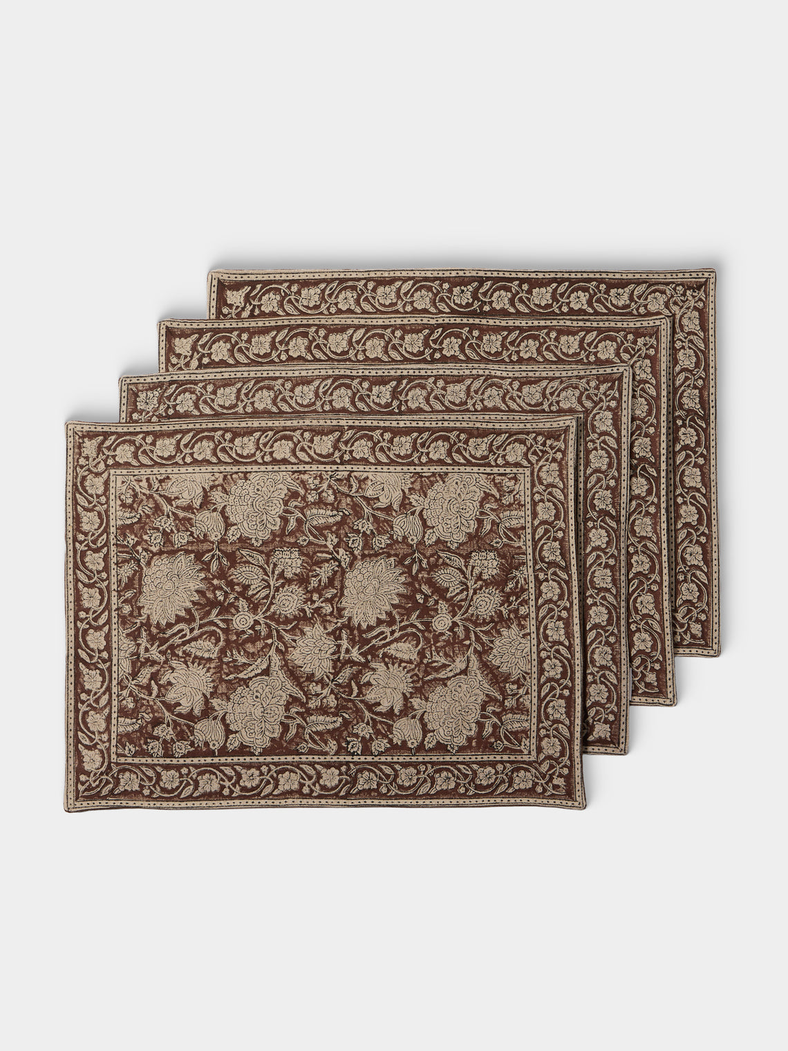 Chamois - Indian Rose Block-Printed Linen Placemats (Set of 4) - Brown - ABASK