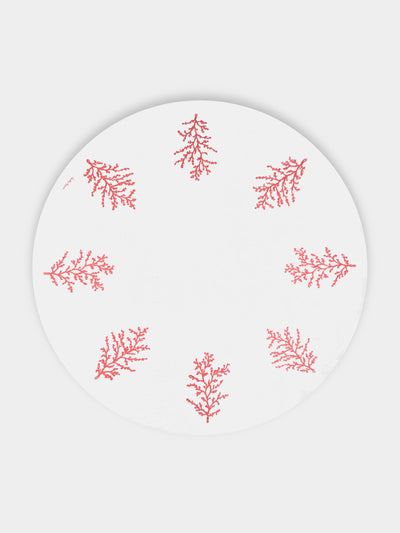 Loretta Caponi - Coral Hand-Embroidered Linen Round Tablecloth (118in/3m) - White - ABASK - 