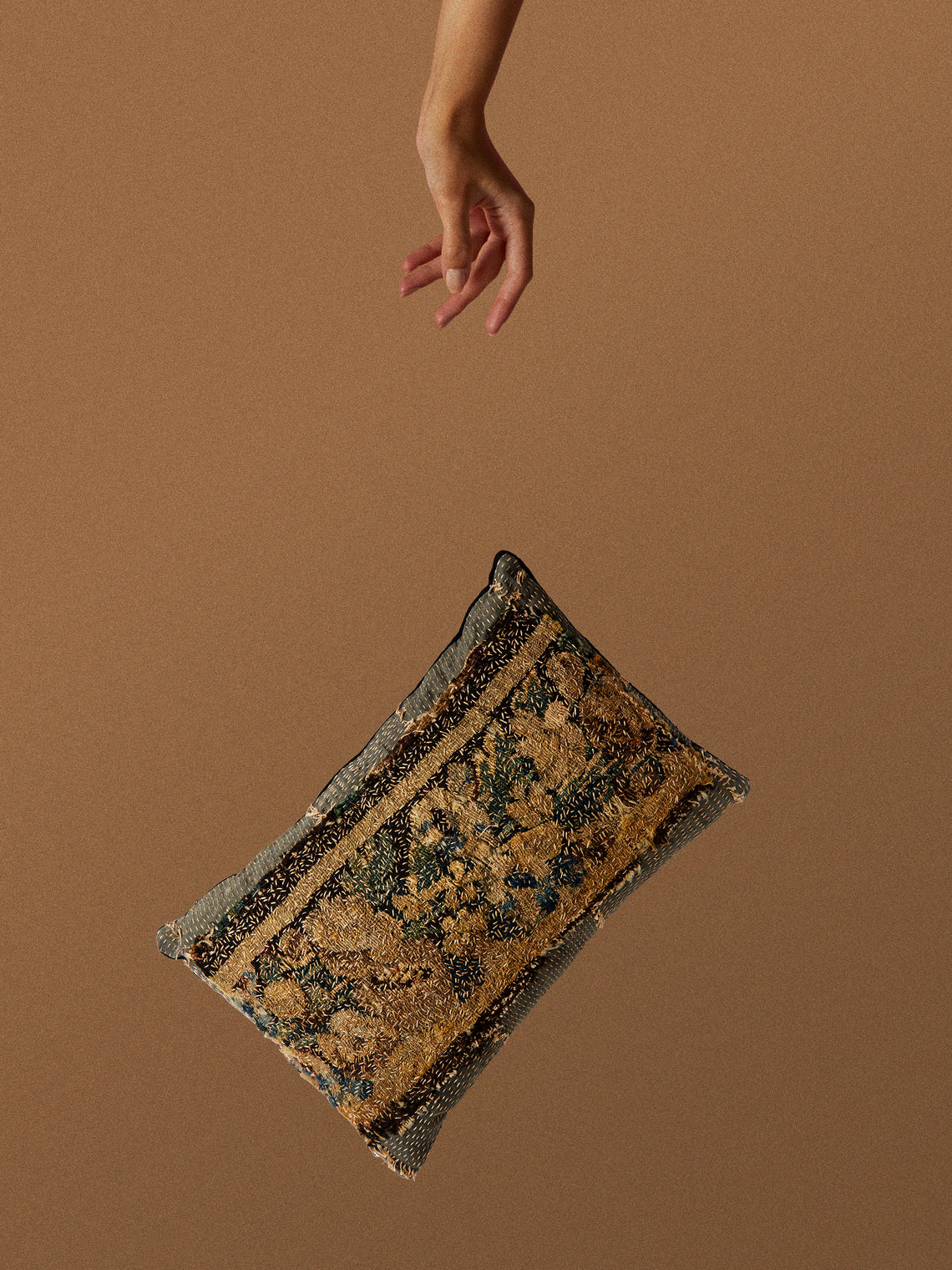 By Walid - 17th-Century French Tapestry and Linen Cushion (19.5in/50cm) - Navy - ABASK