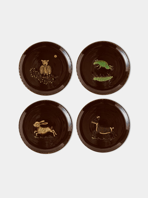 Poterie d’Évires - Animals Hand-Painted Ceramic Dinner Plates – 9.5in/24cm (Set of 4) - Dark Brown - ABASK - 