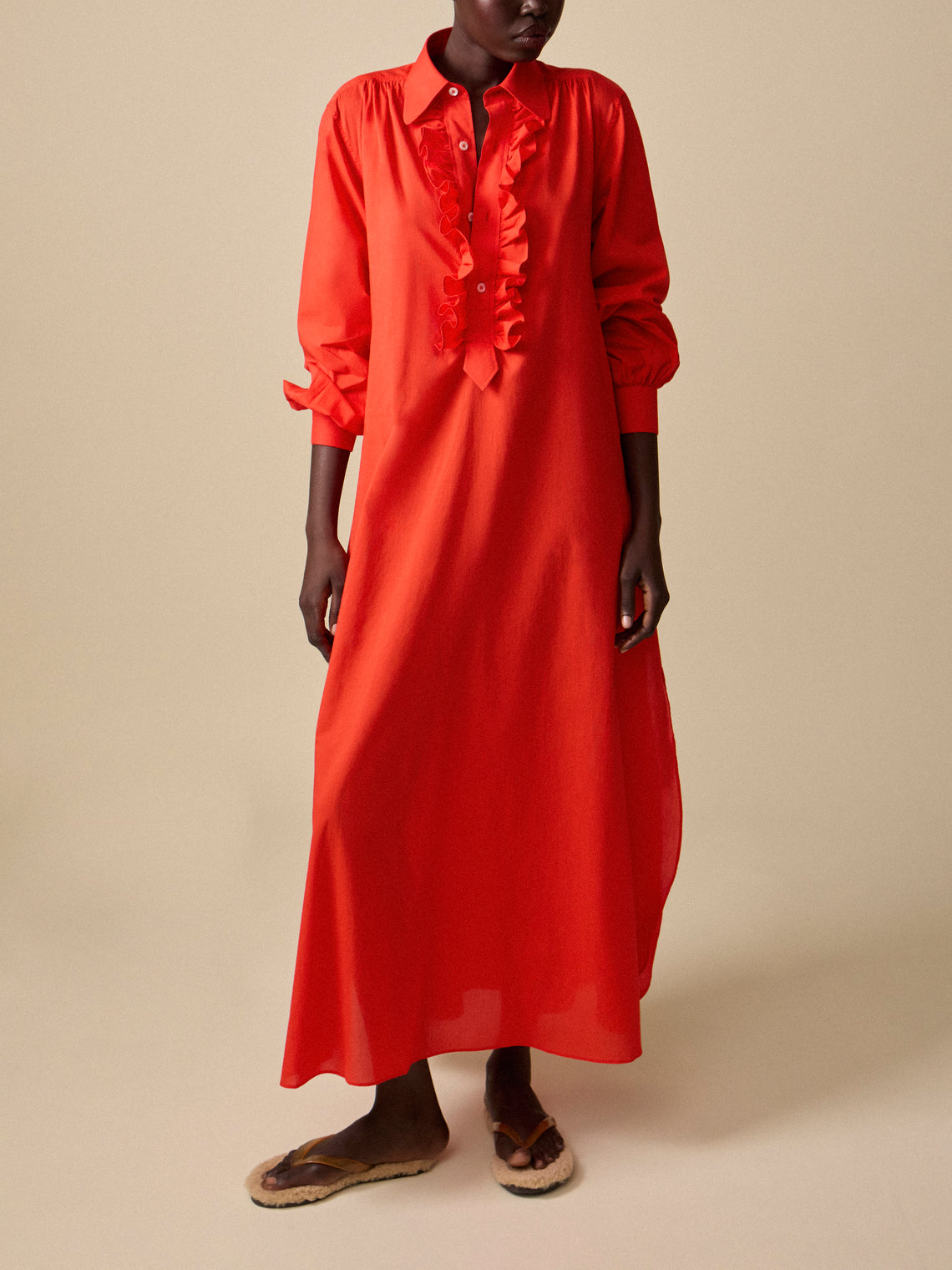Sebline - Women's Ruffle Cotton Shirt Dress | Size: S - Red - ABASK