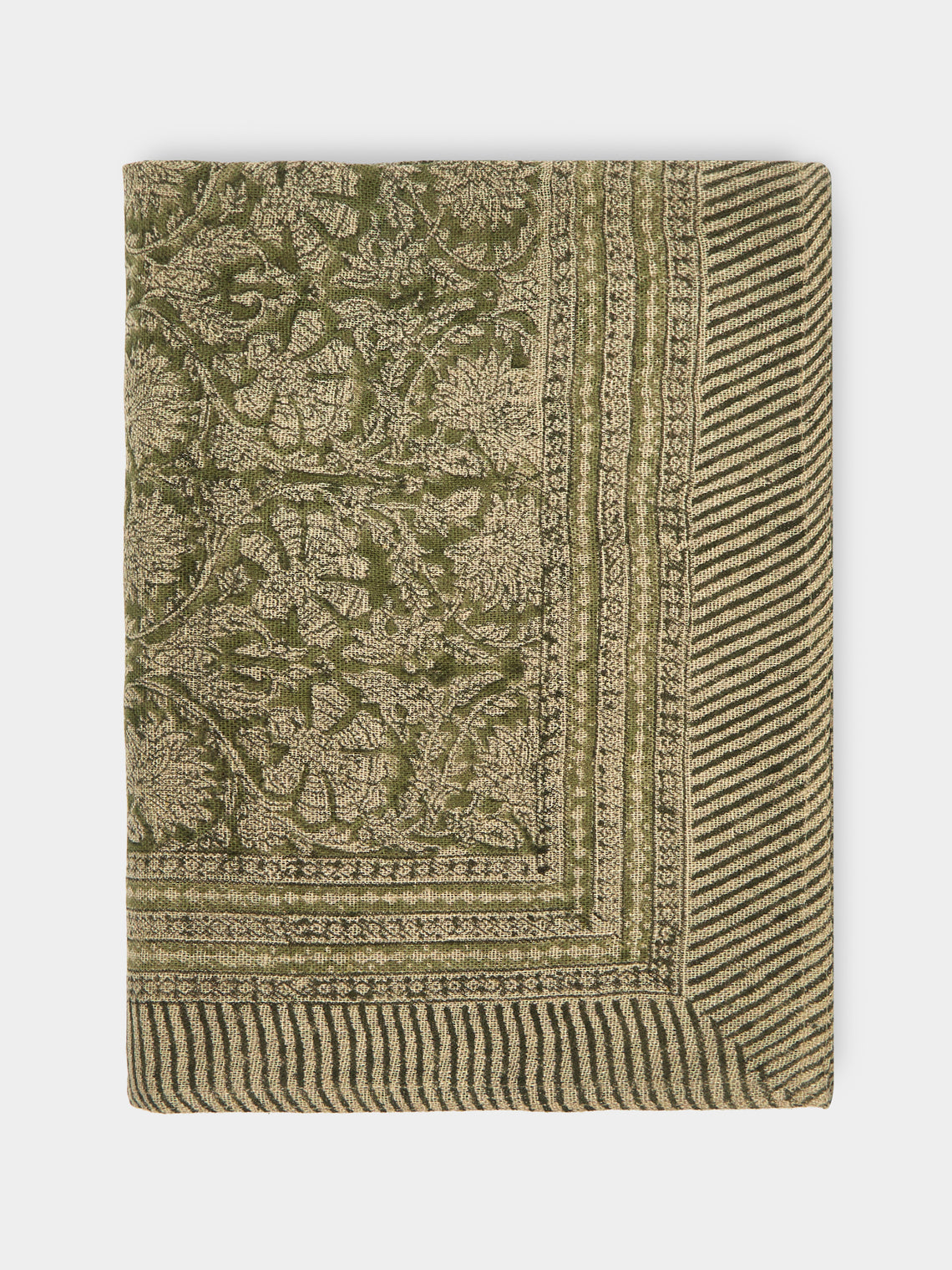 Chamois - Paradise Block-Printed Linen Rectangular Tablecloth (90.5in/2.3m) - Green - ABASK - 