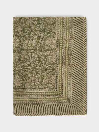 Chamois - Paradise Block-Printed Linen Rectangular Tablecloth (90.5in/2.3m) - Green - ABASK - 