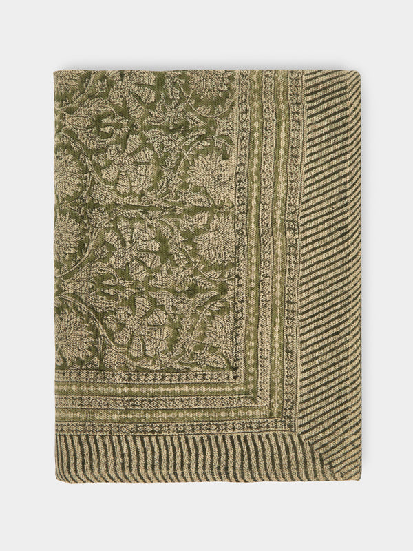 Chamois - Paradise Block-Printed Linen Rectangular Tablecloth (90.5in/2.3m) - Green - ABASK - 