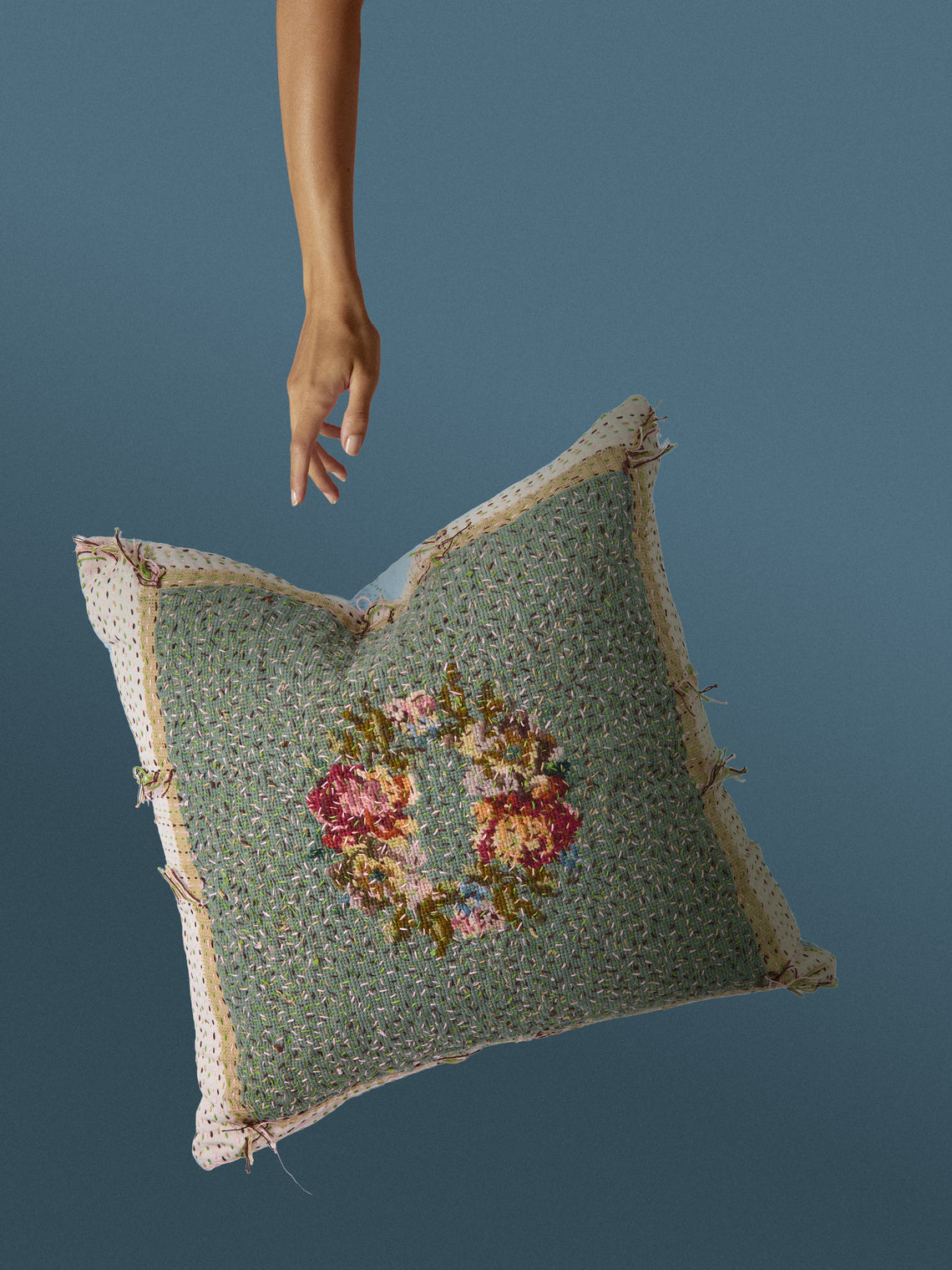 By Walid - 19th-Century Needlepoint Wool and Cotton Cushion (18.5in/47cm) - Multiple - ABASK