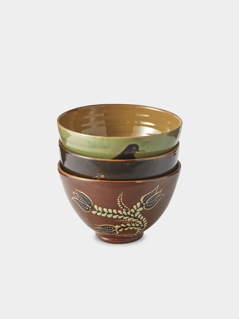 Poterie d’Évires - Birds and Flowers Hand-Painted Ceramic Grand Bowls (Set of 3) - Brown - ABASK - 