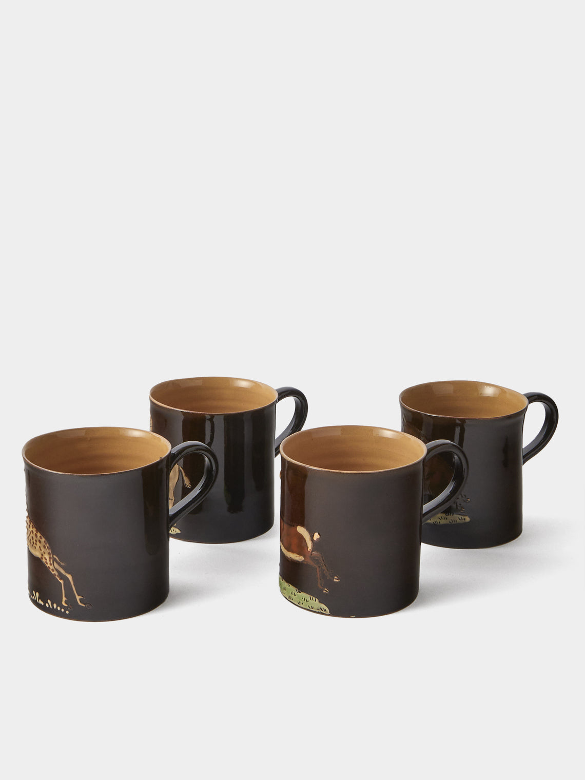 Poterie d’Évires - Animals Hand-Painted Ceramic Mugs (Set of 4) - Dark Brown - ABASK