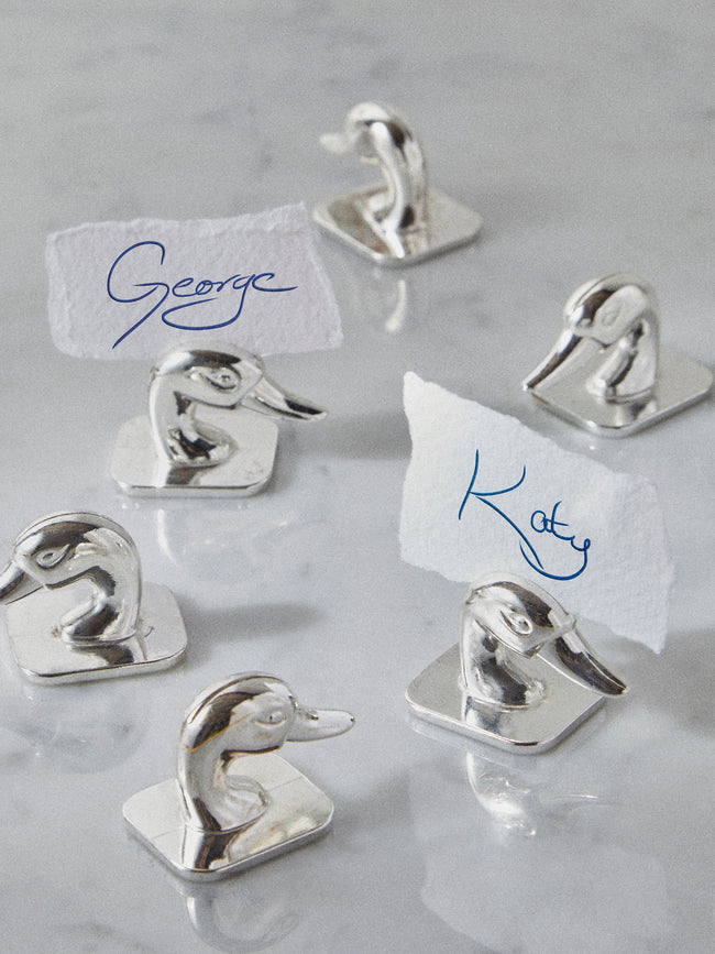 Antique and Vintage - Mid Century Silver Plated Duck Placecard Holders (Set of 6) - Silver - ABASK