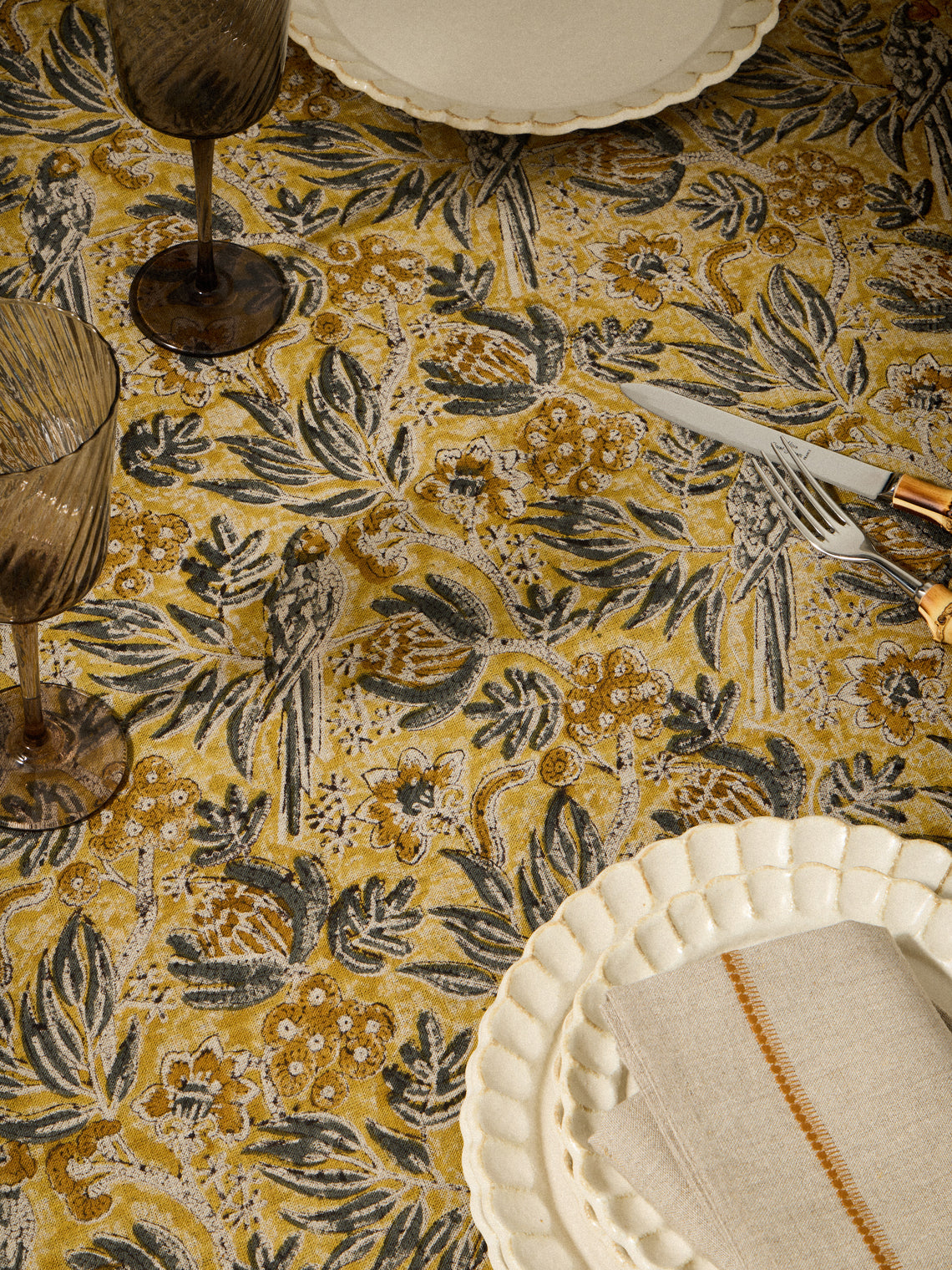 Chamois - Parrot Block-Printed Linen Rectangular Tablecloth (106.5in/2.7m) - Multiple - ABASK