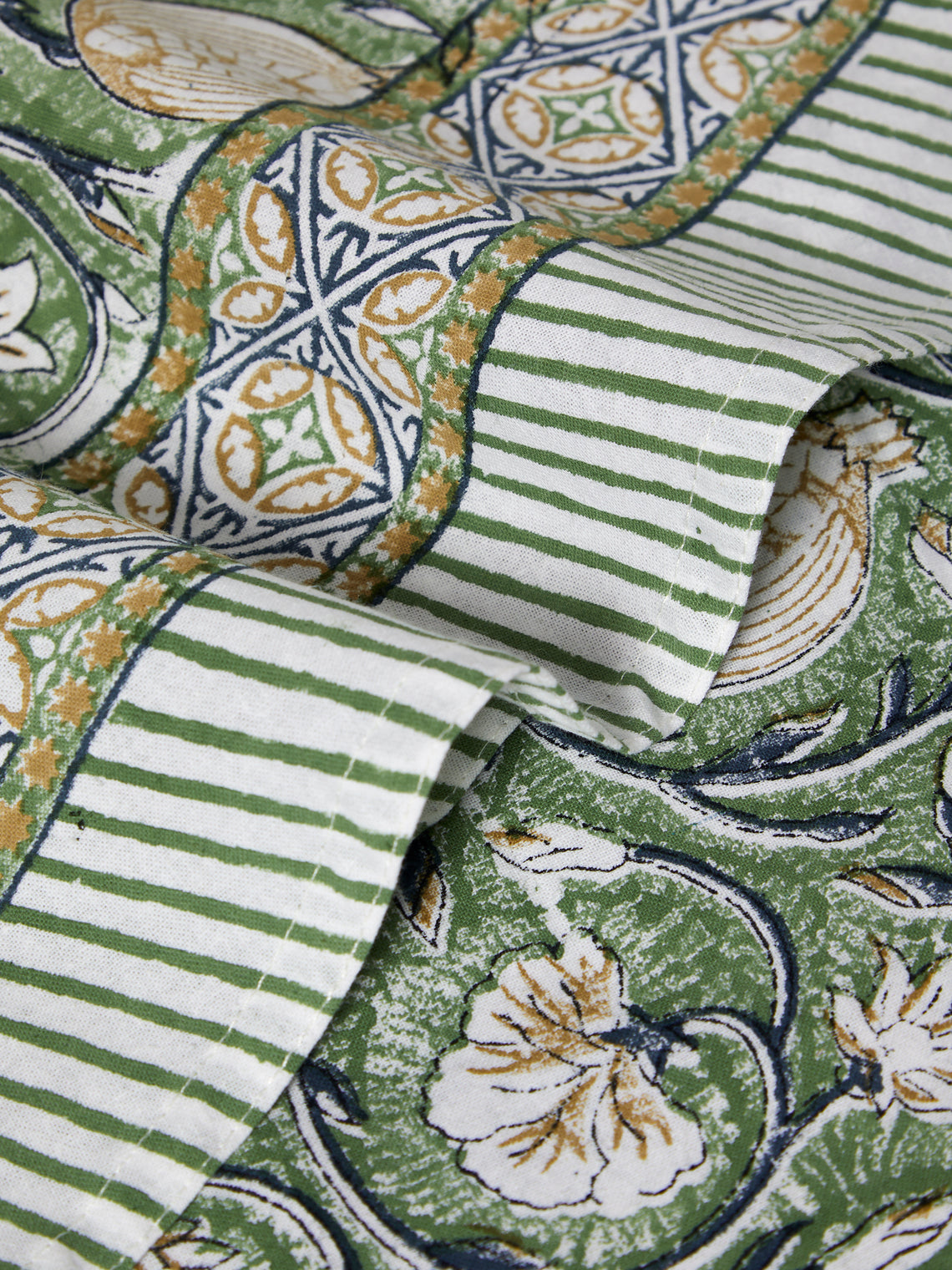 Chamois - Tangier Pomegranate Block-Printed Cotton Round Tablecloth (63in/1.6m) - Green - ABASK