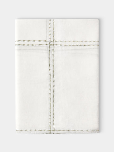 Volga Linen - Botanical Double Hem-Stitch Linen Check Rectangular Tablecloth (157.5in/4m) - White - ABASK - 