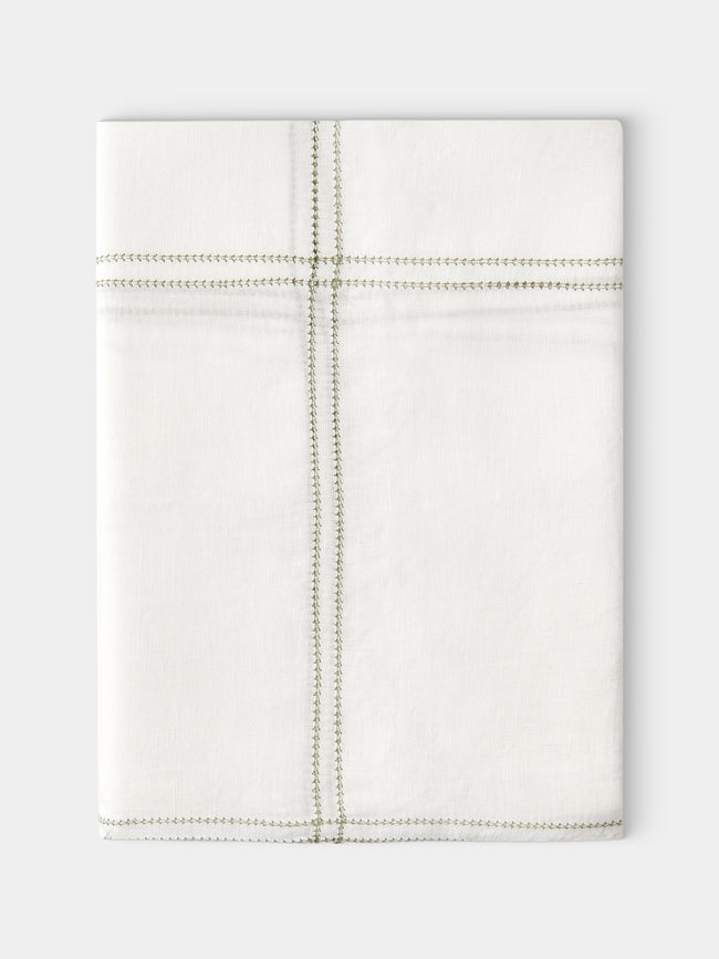 Volga Linen - Botanical Double Hem-Stitch Linen Check Rectangular Tablecloth (157.5in/4m) - White - ABASK - 