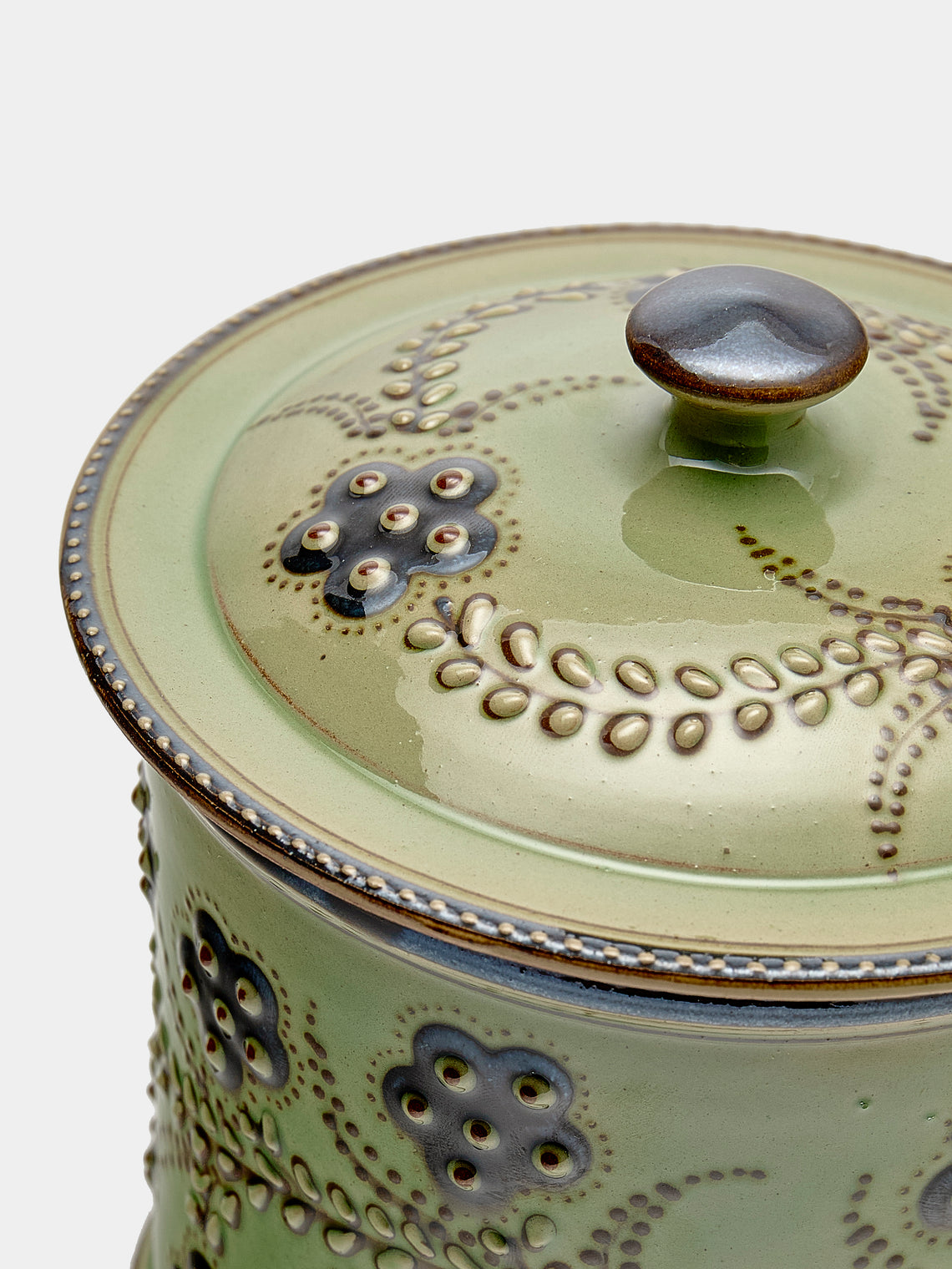 Poterie d’Évires - Flowers Hand-Painted Ceramic Medium Lidded Pot - Green - ABASK