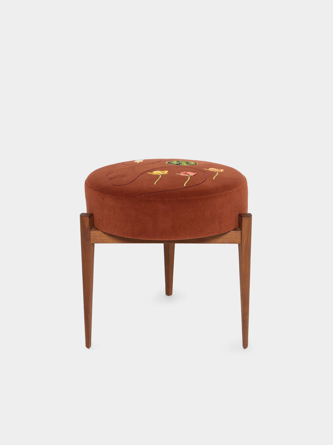 Uncommon Ancestor - Garden Party Embroidered Velvet Round Footstool - Red - ABASK - 