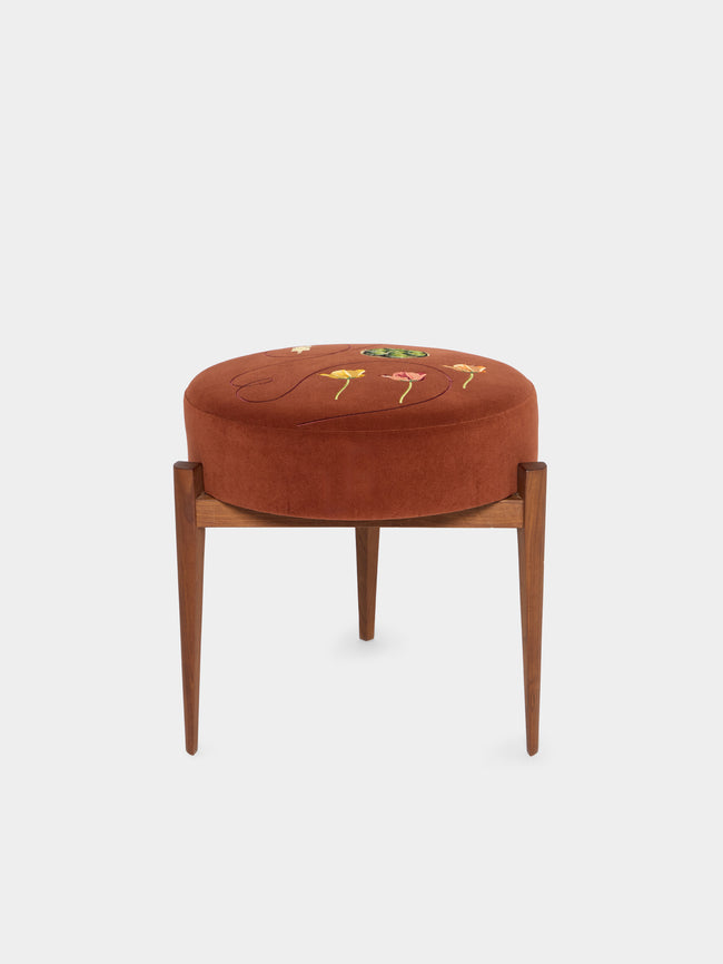 Uncommon Ancestor - Garden Party Embroidered Velvet Round Footstool - Red - ABASK - 