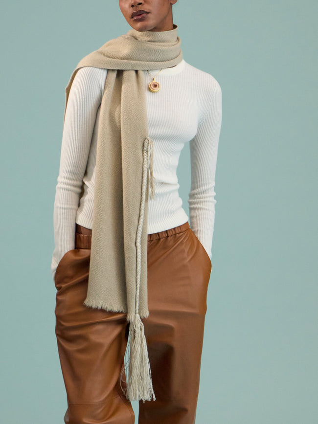 Norlha - Nomad Classic Yak Skinny Braided Scarf (71in/1.8m) - Ivory - ABASK