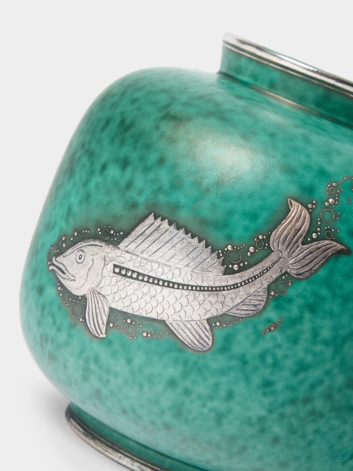 Antique and Vintage - 1940 Wilhelm Kåge Argenta Fish Stoneware Vase (6.5in/17cm) - Blue - ABASK