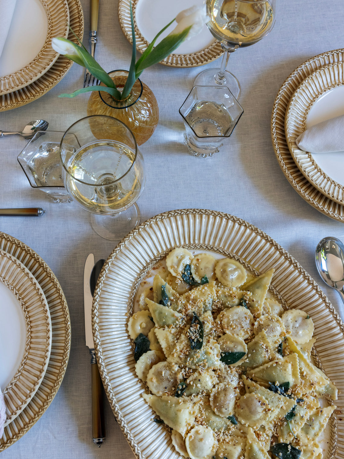 Tessalume Ceramiche - Wicker Hand-Painted Ceramic Oval Platter - White - ABASK