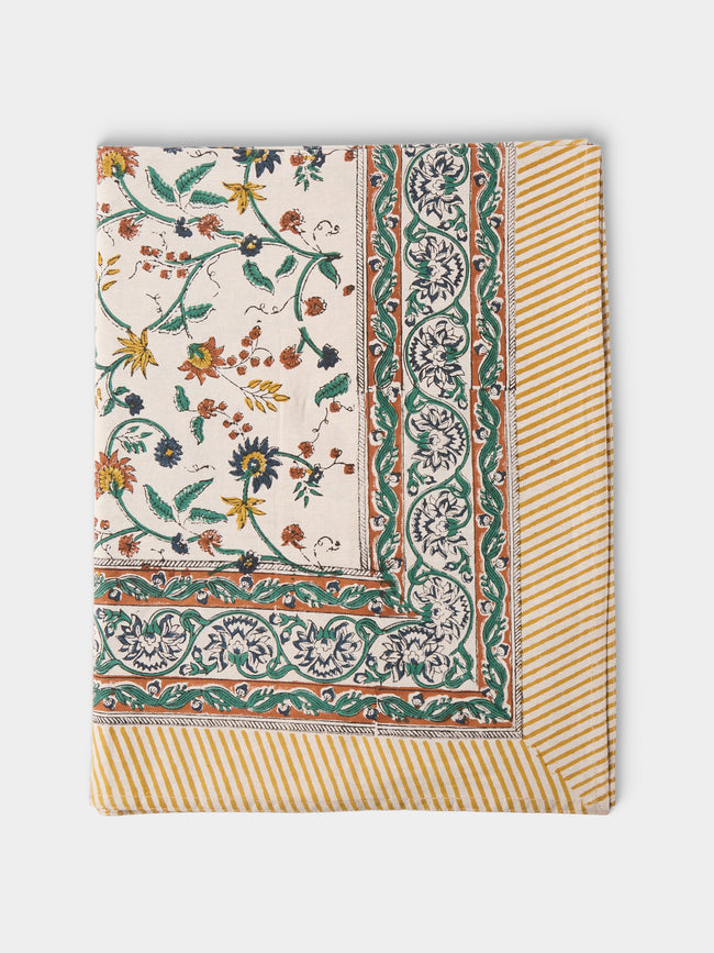 Chamois - Samode Block-Printed Cotton Rectangular Tablecloth (138in/3.5m) - Yellow - ABASK - 