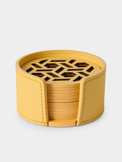 RUDI - | Set of 12 | Acquerello Leather Coasters with Holder - Yellow - ABASK - 